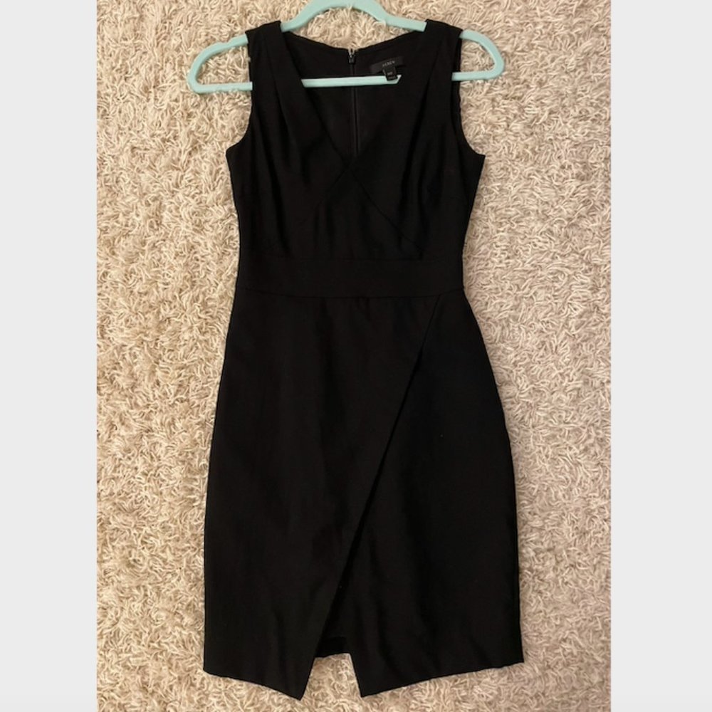 Black wool J. Crew faux-wrap sheath dress, size 00P